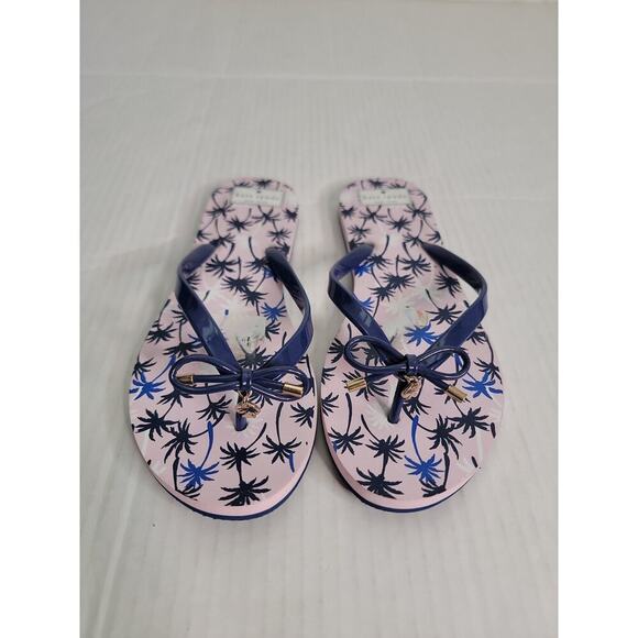 Kate Spade NY Flip Flops Pink Blue Palm Trees Bow Nova Thong Sandals Lightweight - Picture 2 of 8